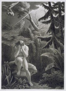 1868年に出版されたグールとレンソネットによって彫刻されたジョンミルトン（1608-74）による「パラダイスロスト」のフランス語版から彼の罪深さを嘆くアダム 作： Richard Edmond Flatters